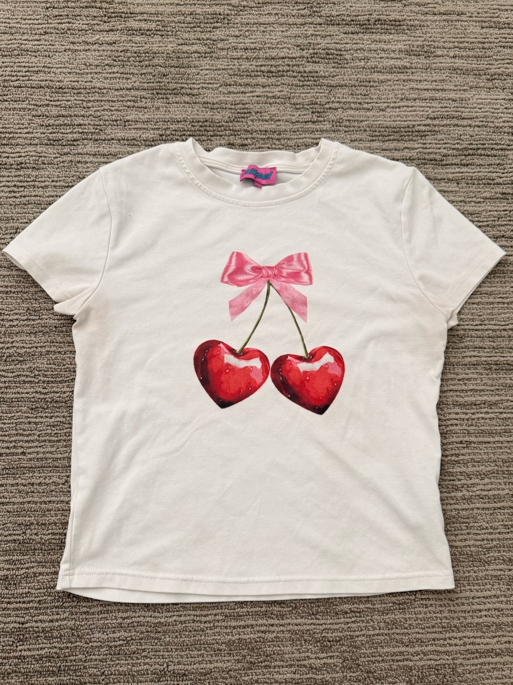 Edikted White Tee with Red Cherry Graphic and Pink Bow